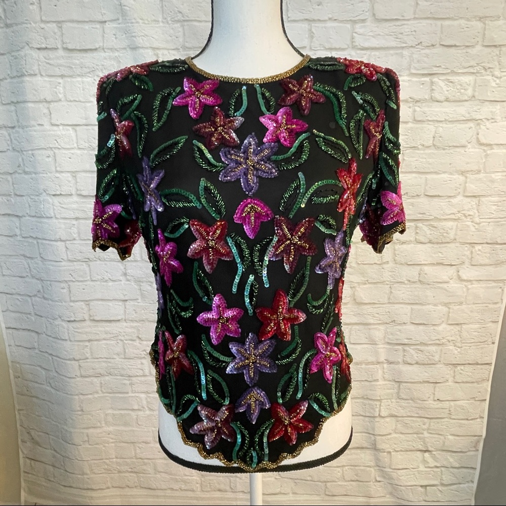 Laurence Kazar Black Silk Floral Beaded Sequin Blouse Top Vintage
